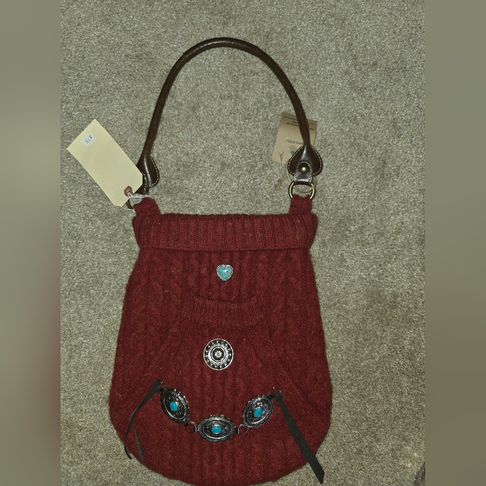 Upcycled Wool Vintage Jeweled Embelished Purse Red Silver Turquoise